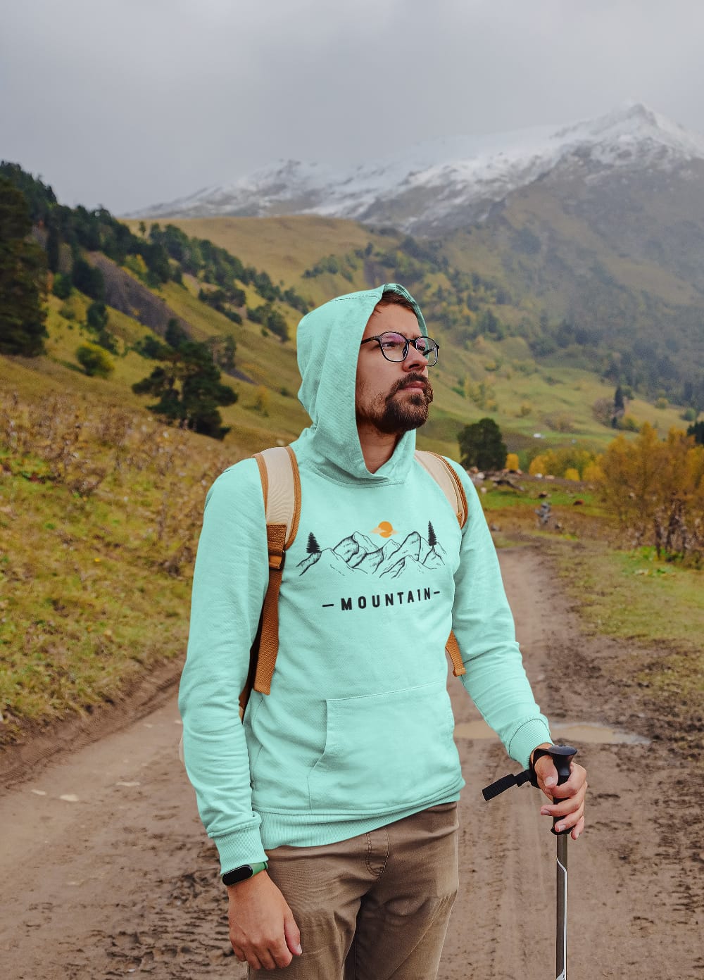 Mountain Print Men's Mint Color Hooded Sweatshirt