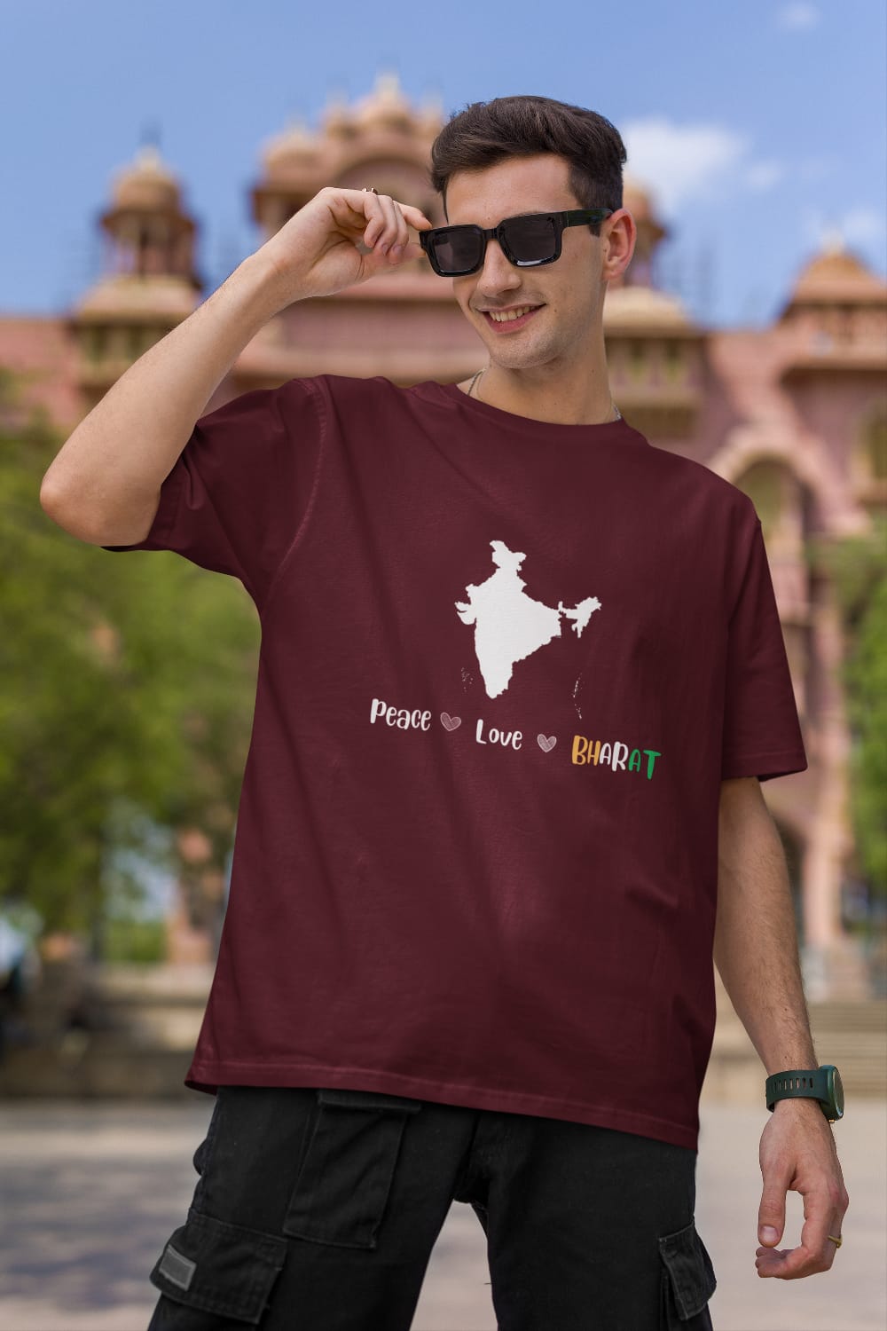 Peace! Love! BHARAT! Print Oversized Solid Cotton T-shirt