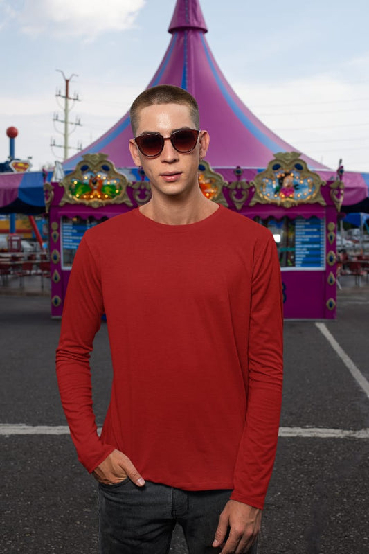 Men's Red Color Crew Neck Full Sleeves T-Shirt