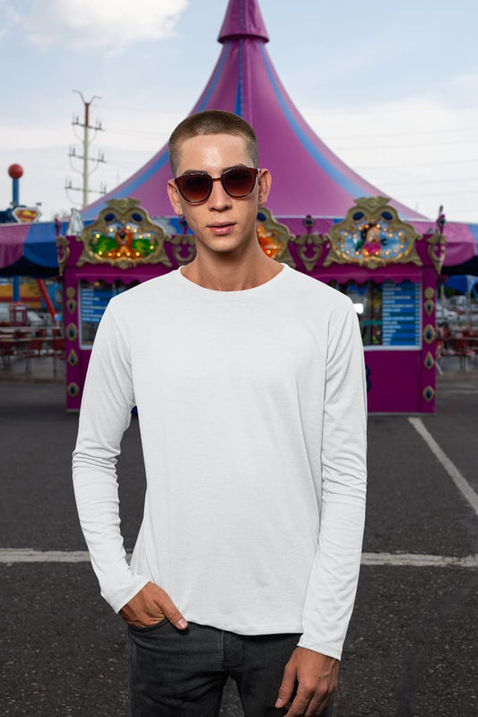 Men's White Color Crew Neck Full Sleeves T-Shirt