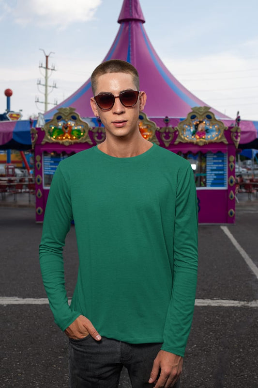 Men's Bottle Green Color Crew Neck Full Sleeves T-Shirt