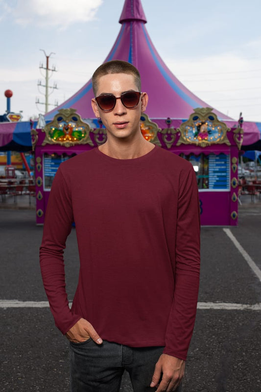 Men's Maroon Color Crew Neck Full Sleeves T-Shirt